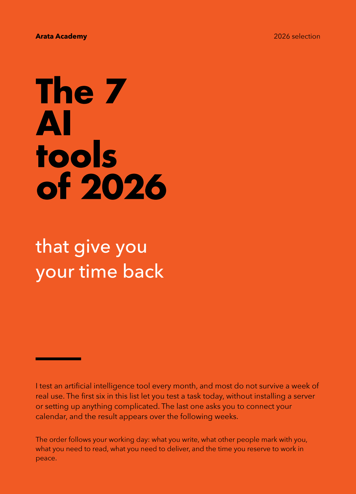 Cover of The 7 AI Tools of 2026 that give you your time back, Arata Academy 2026 selection